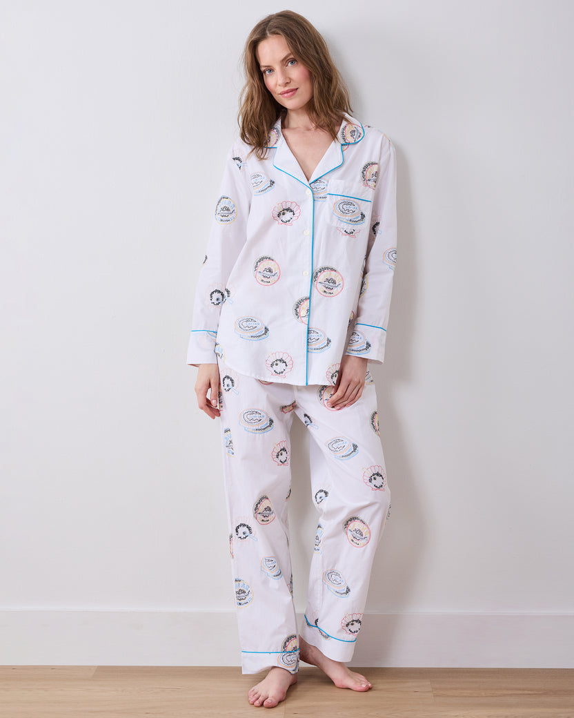 Embroidered Caviar Club - Long PJ Set - Pearl