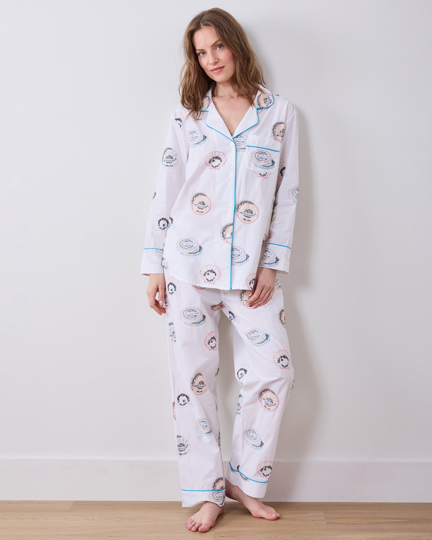 Embroidered Caviar Club - Tall Long PJ Set - Pearl