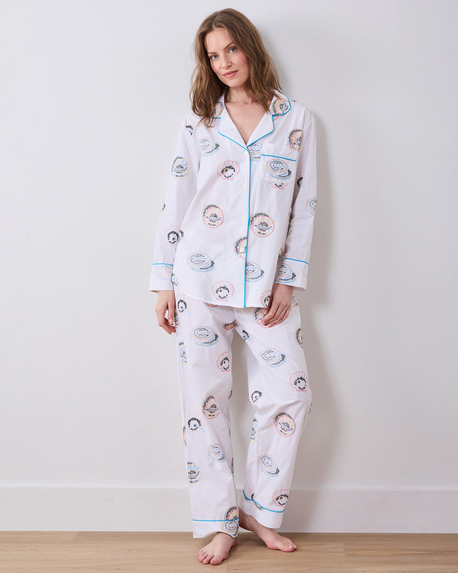 Embroidered Caviar Club - Tall Long PJ Set - Pearl