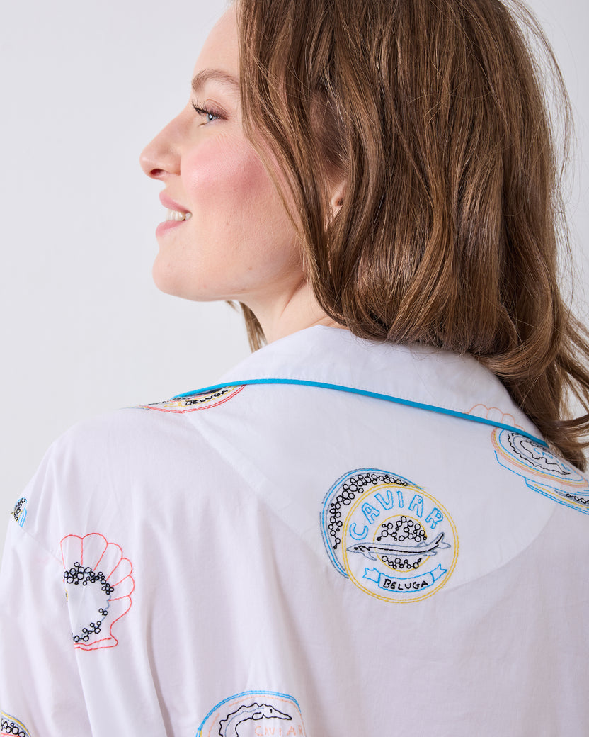 Embroidered Caviar Club - Long PJ Set - Pearl