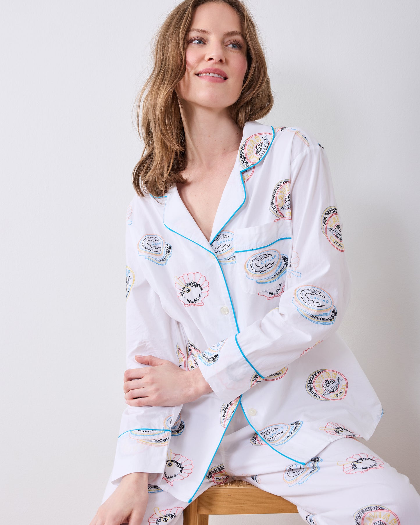 Embroidered Caviar Club - Tall Long PJ Set - Pearl