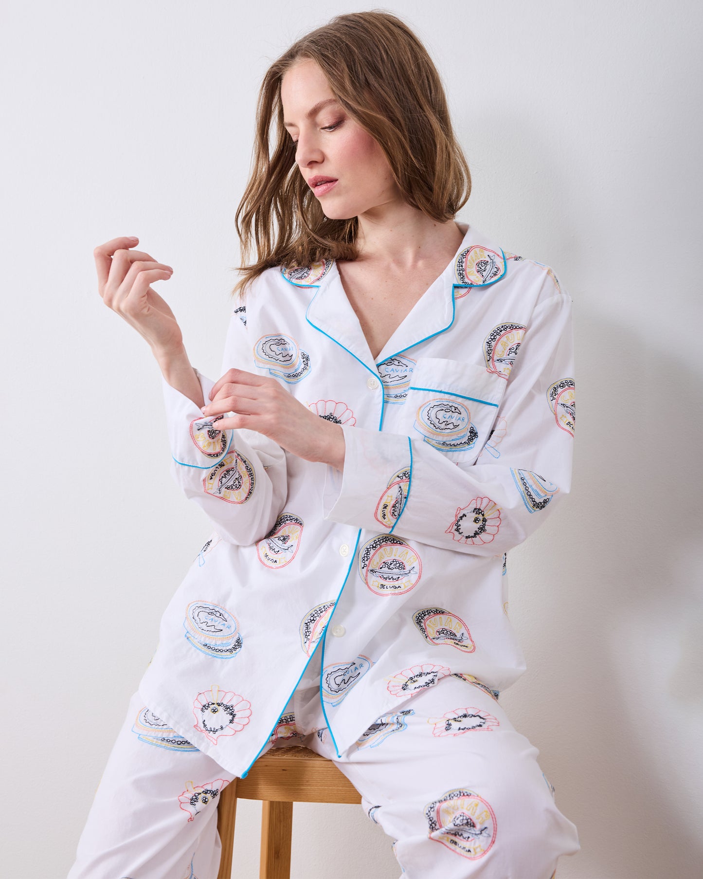 Embroidered Caviar Club - Long PJ Set - Pearl