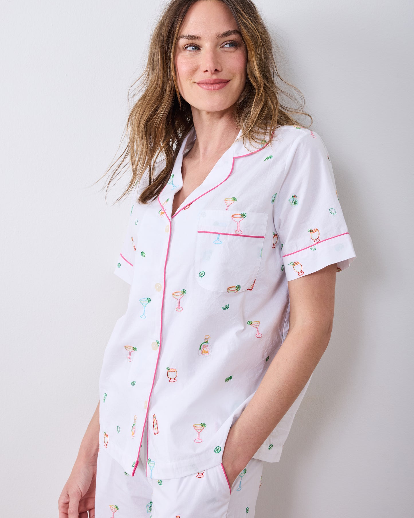 Embroidered Tequila Sunrise - Short Sleeve Top & Cropped Pants Set - Cloud