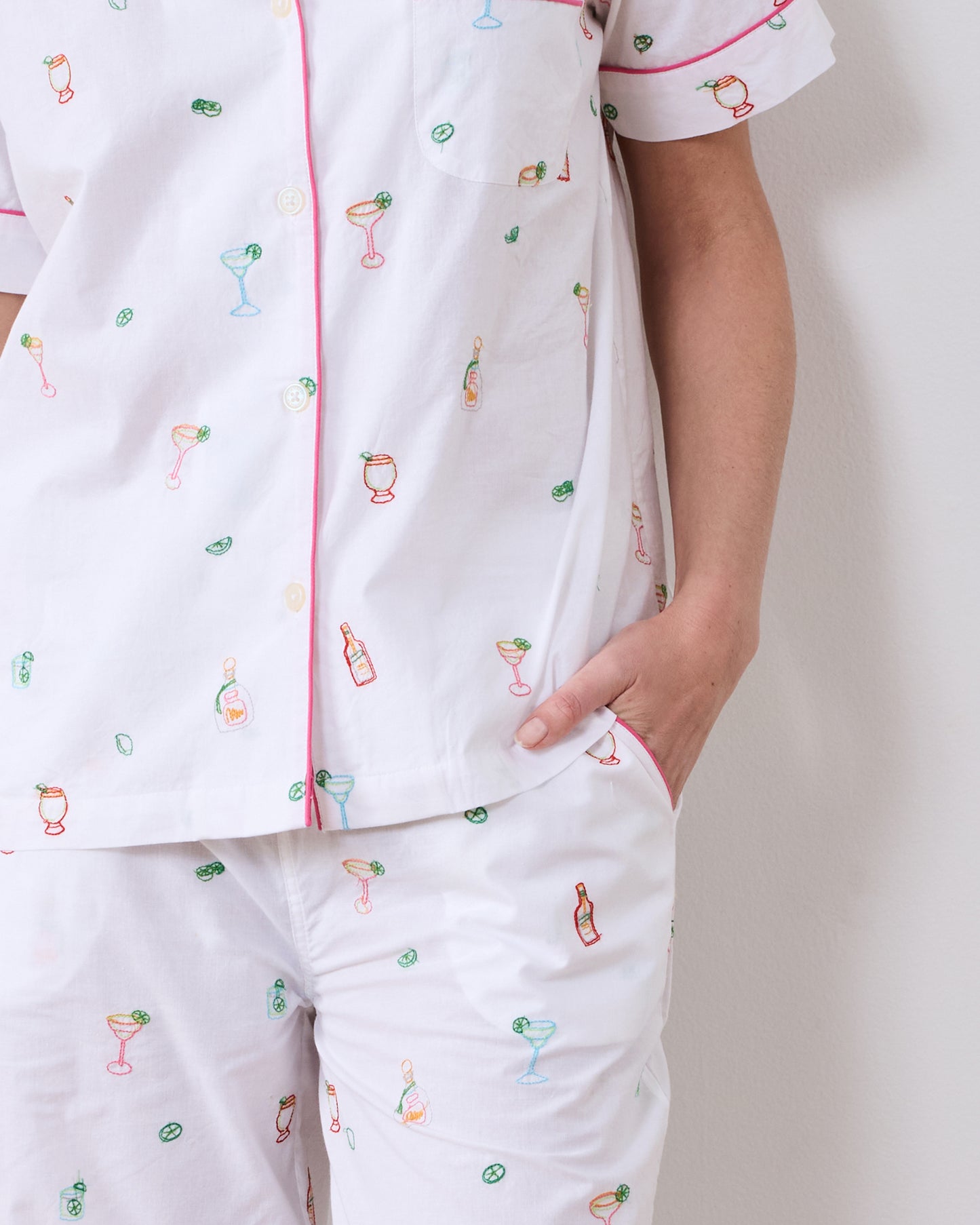 Embroidered Tequila Sunrise - Short Sleeve Top & Cropped Pants Set - Cloud
