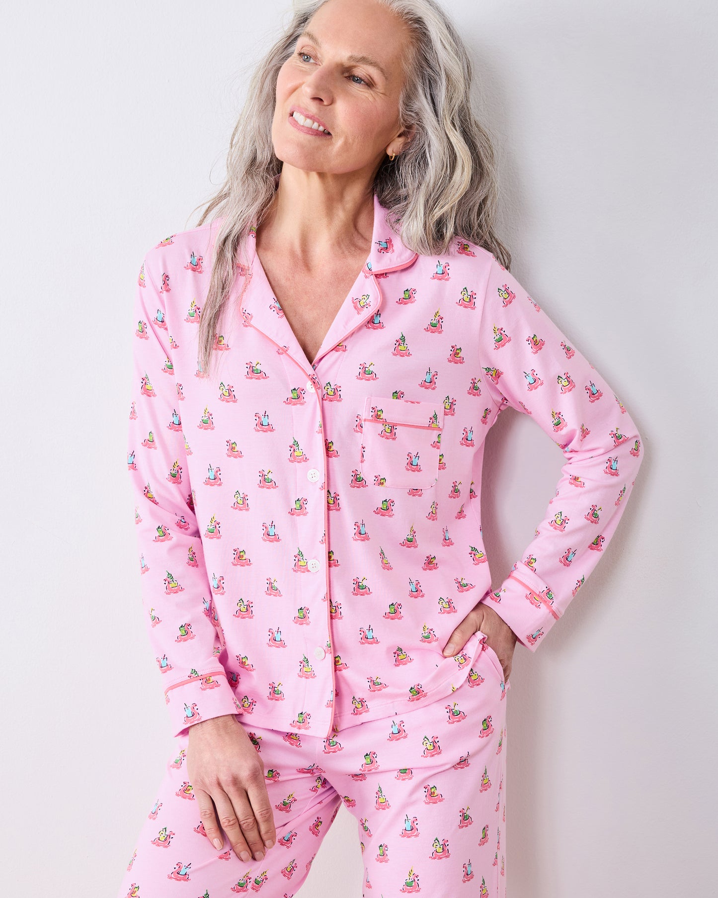 Flamingo Floaties - Organic Pima Modal Knit Long PJ Set - Pink Lemonade