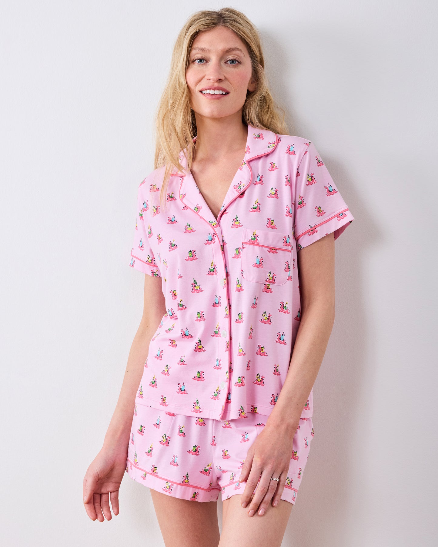 Flamingo Floaties - Organic Pima Modal Knit Short PJ Set - Pink Lemonade