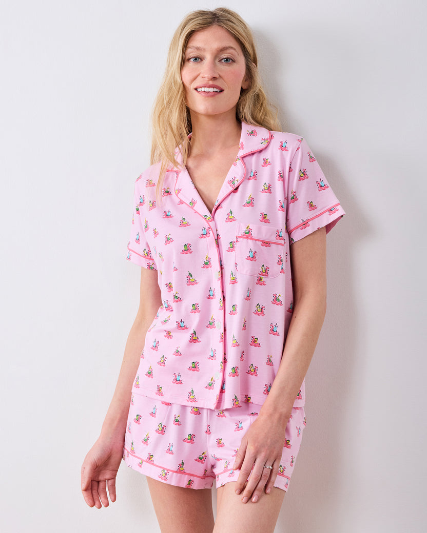 Flamingo Floaties - Organic Pima Modal Knit Short PJ Set - Pink Lemonade