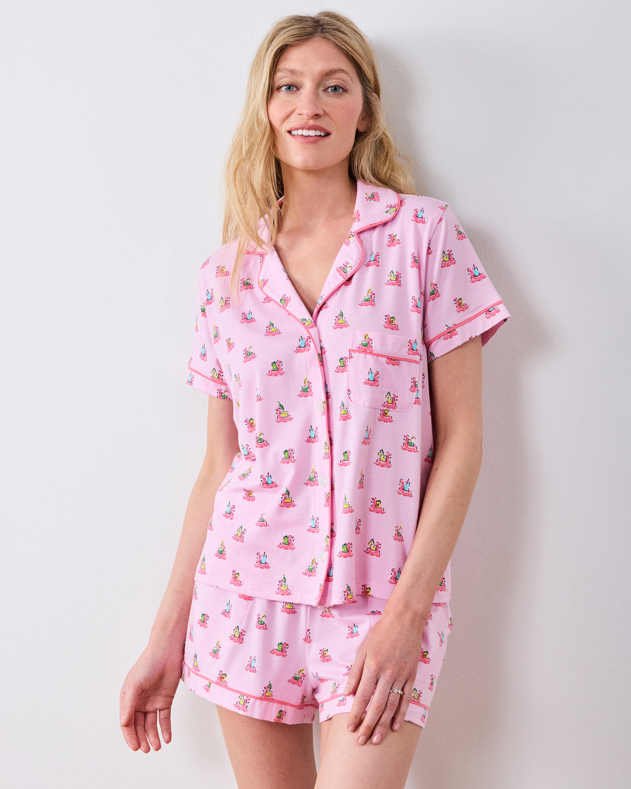 Flamingo Floaties - Organic Pima Modal Knit Short PJ Set - Pink Lemonade