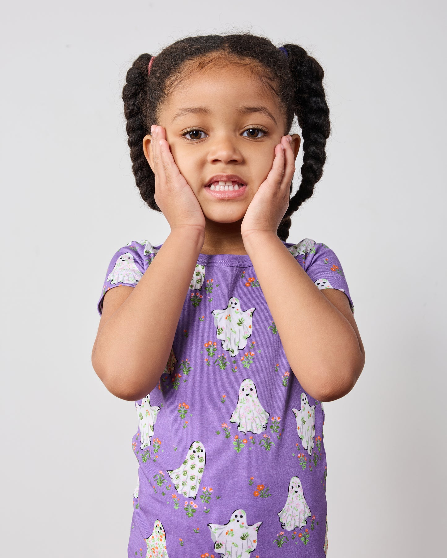 Gardening Ghosts - Kids Organic Pima Short Sleeve PJ Set - Eerie Amethyst
