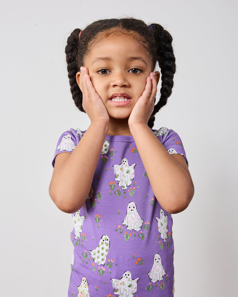 Gardening Ghosts - Kids Organic Pima Short Sleeve PJ Set - Eerie Amethyst