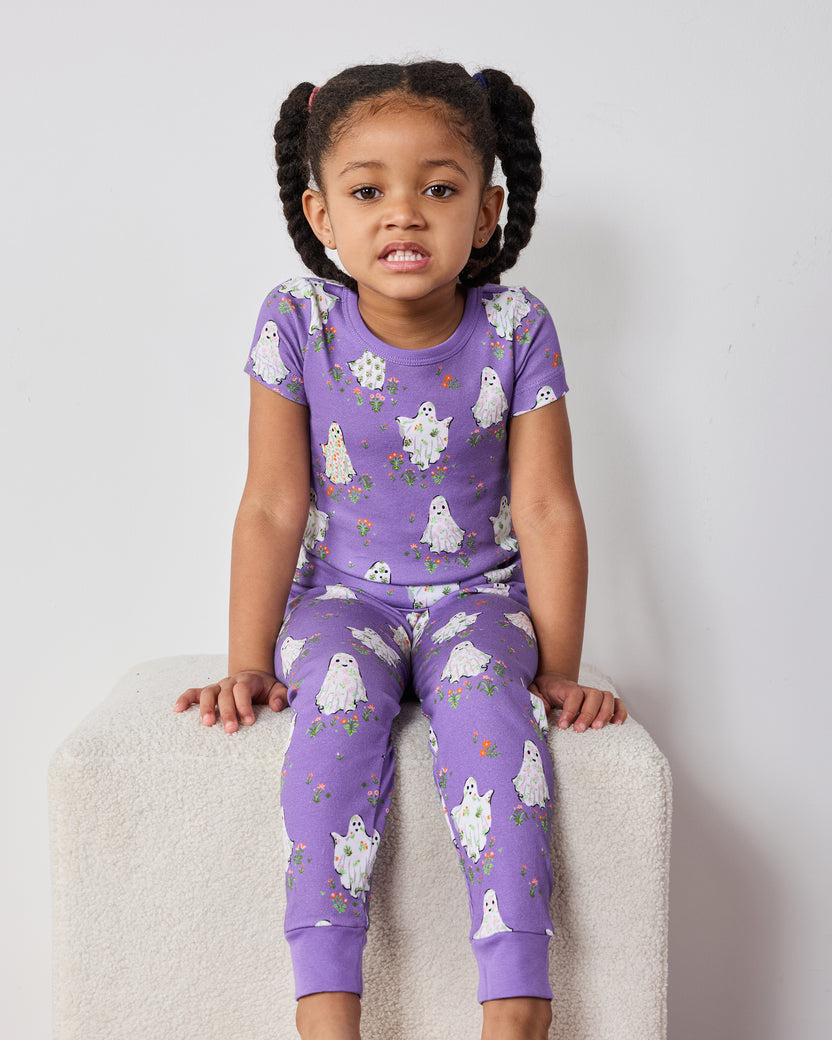 Gardening Ghosts - Kids Organic Pima Short Sleeve PJ Set - Eerie Amethyst