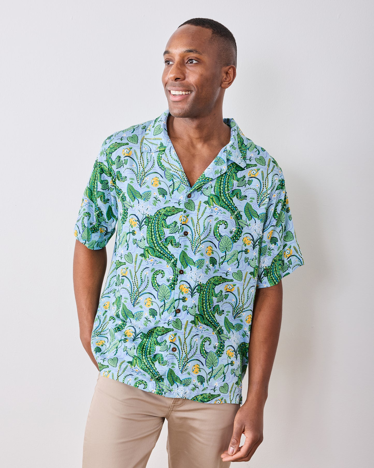 Gator Grove - Eco Satin Vacation Camp Shirt - Blue Lagoon