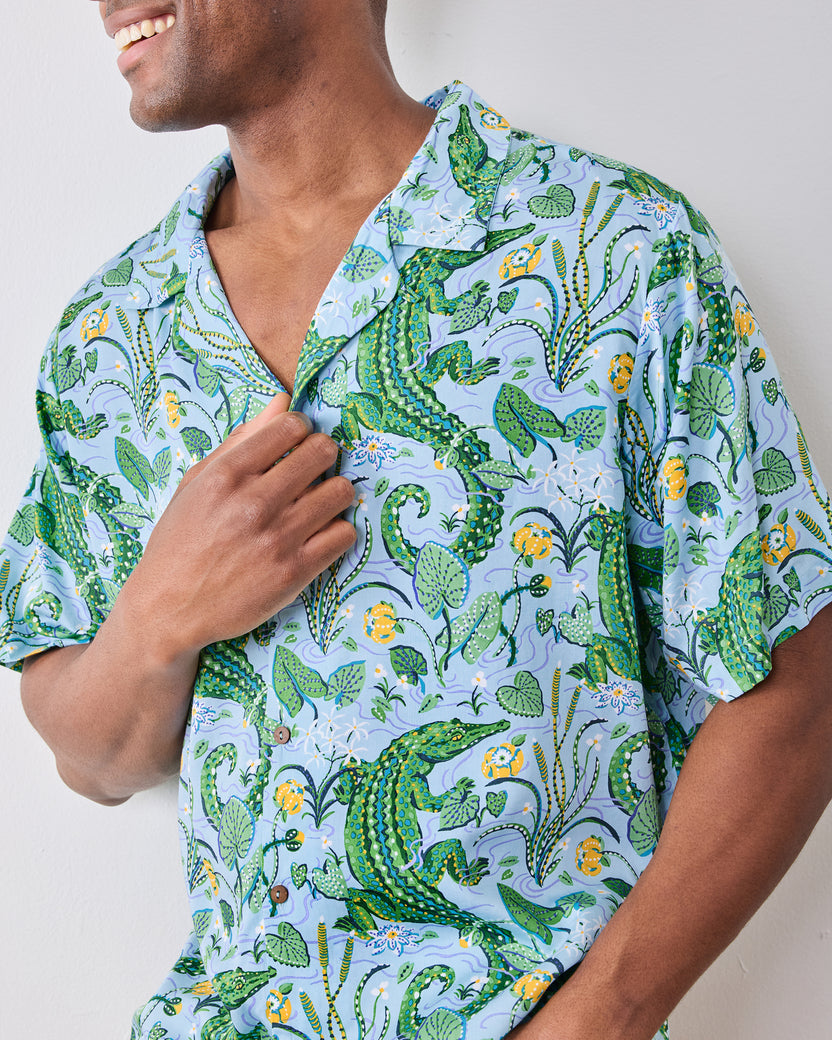 Gator Grove - Eco Satin Vacation Camp Shirt - Blue Lagoon