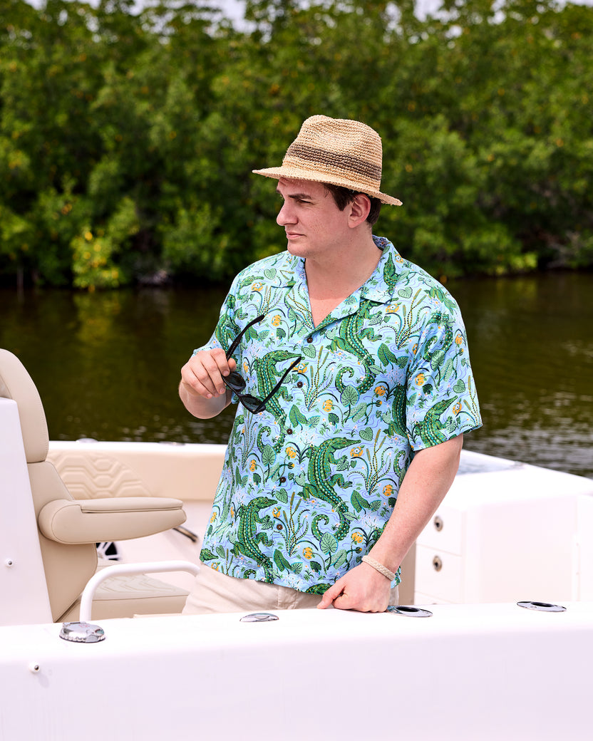 Gator Grove - Eco Satin Vacation Camp Shirt - Blue Lagoon