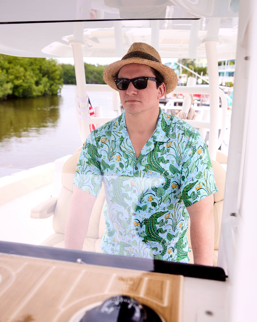Gator Grove - Eco Satin Vacation Camp Shirt - Blue Lagoon
