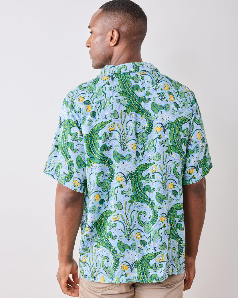 Gator Grove - Eco Satin Vacation Camp Shirt - Blue Lagoon