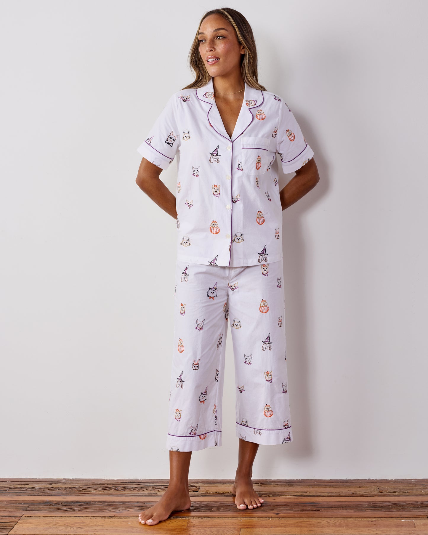 Halloween Hounds - Short Sleeve Top & Cropped Pants Set - Cloud