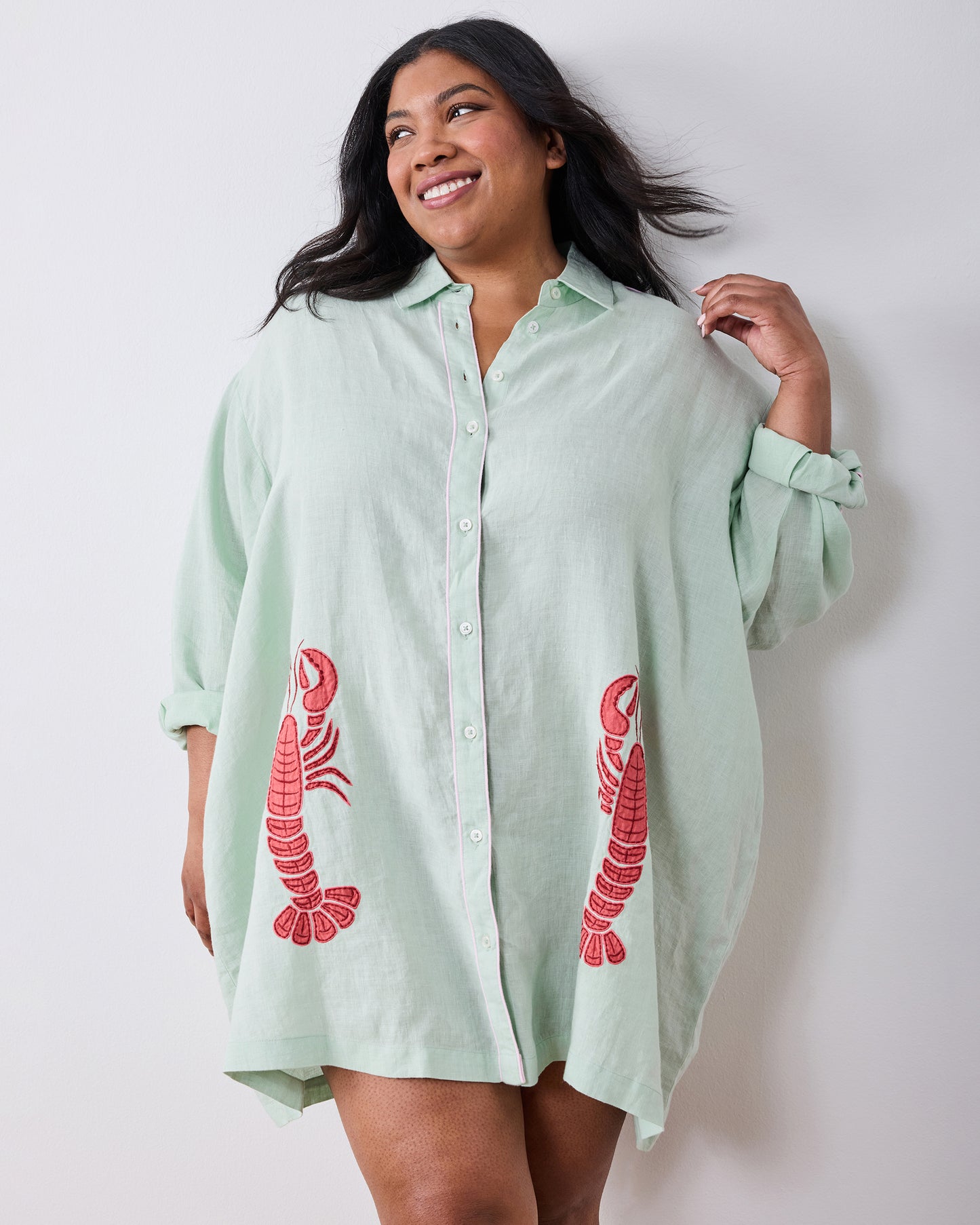 Lobster Landing Applique - Linen Cabana Button Down - Seafoam - Printfresh
