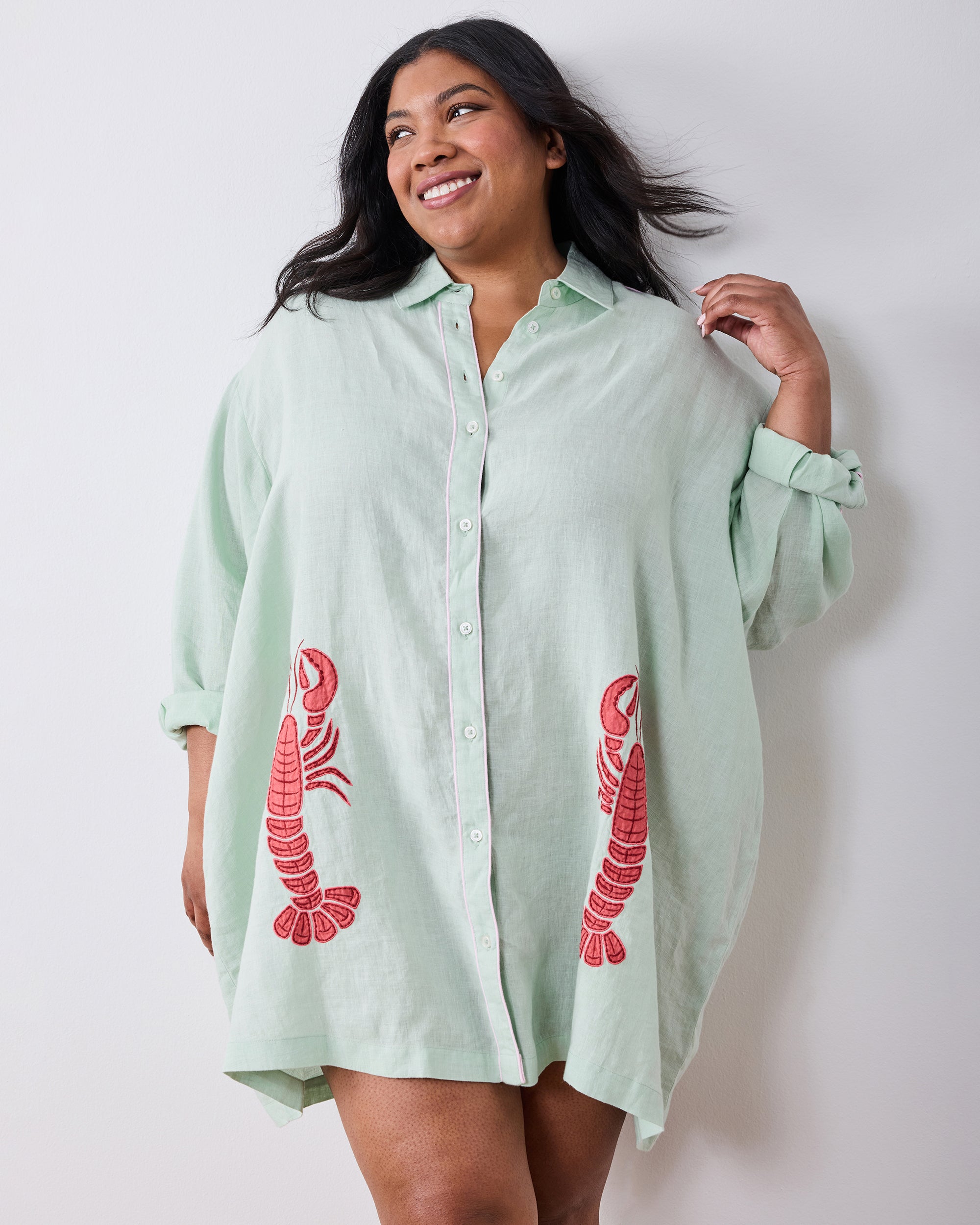 Lobster Landing Applique - Linen Cabana Button Down - Seafoam - Printfresh