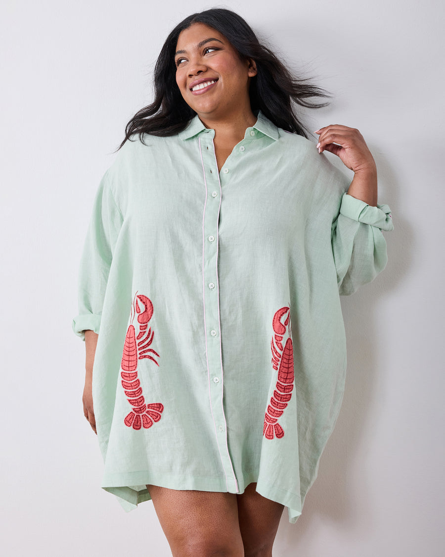 Lobster Landing Applique - Linen Cabana Button Down - Seafoam - Printfresh