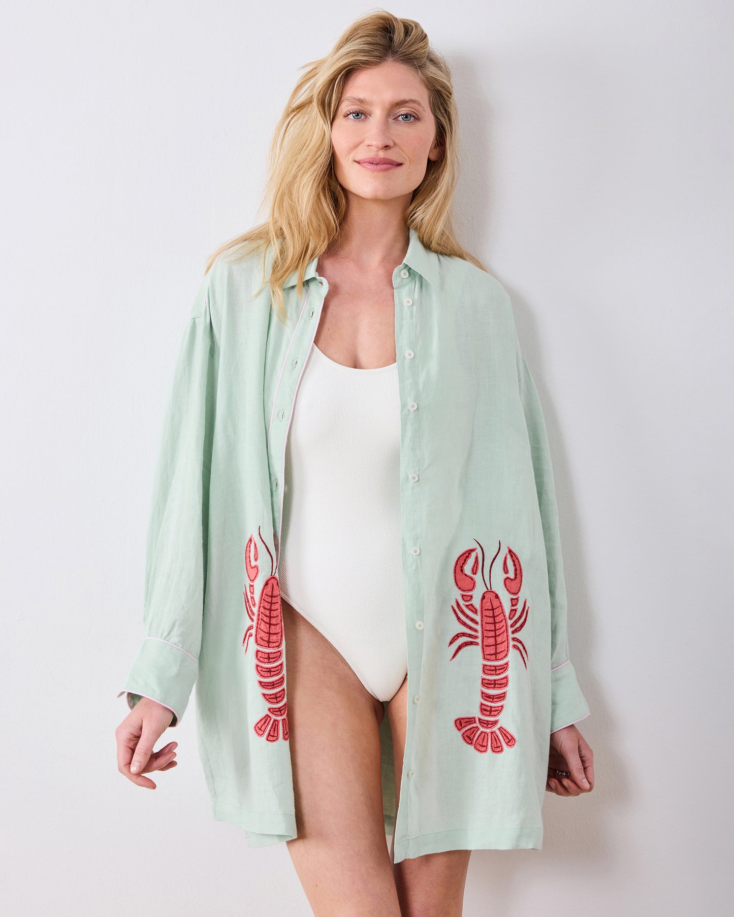 Lobster Landing Applique - Linen Cabana Button Down - Seafoam - Printfresh