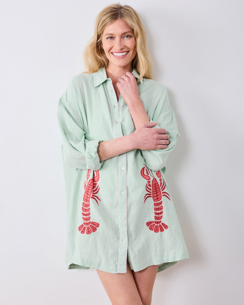 Lobster Landing Applique - Linen Cabana Button Down - Seafoam - Printfresh