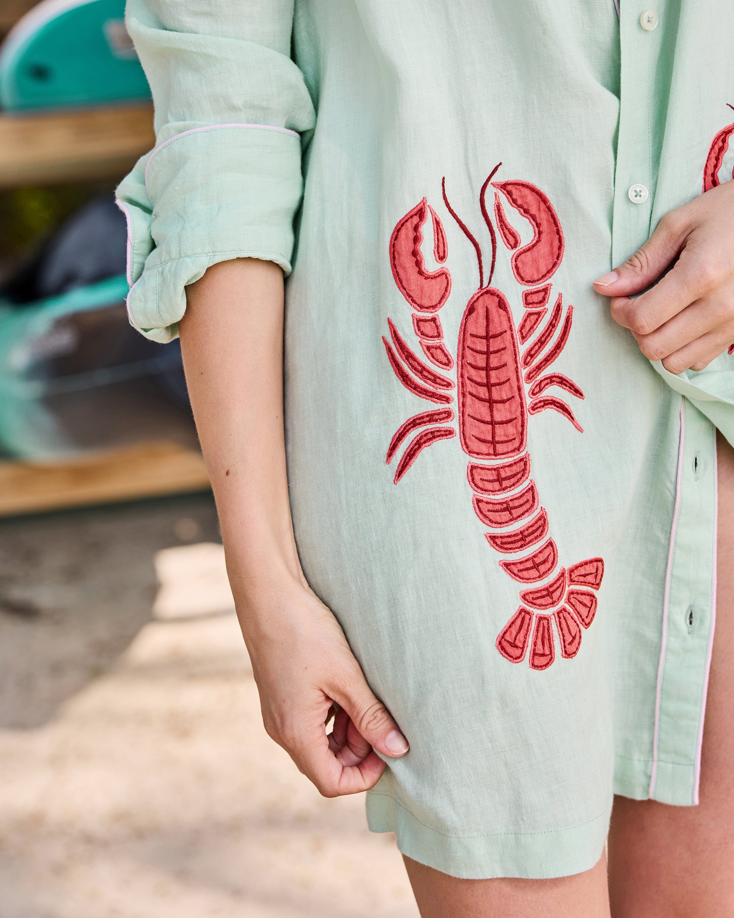 Lobster Landing Applique - Linen Cabana Button Down - Seafoam - Printfresh
