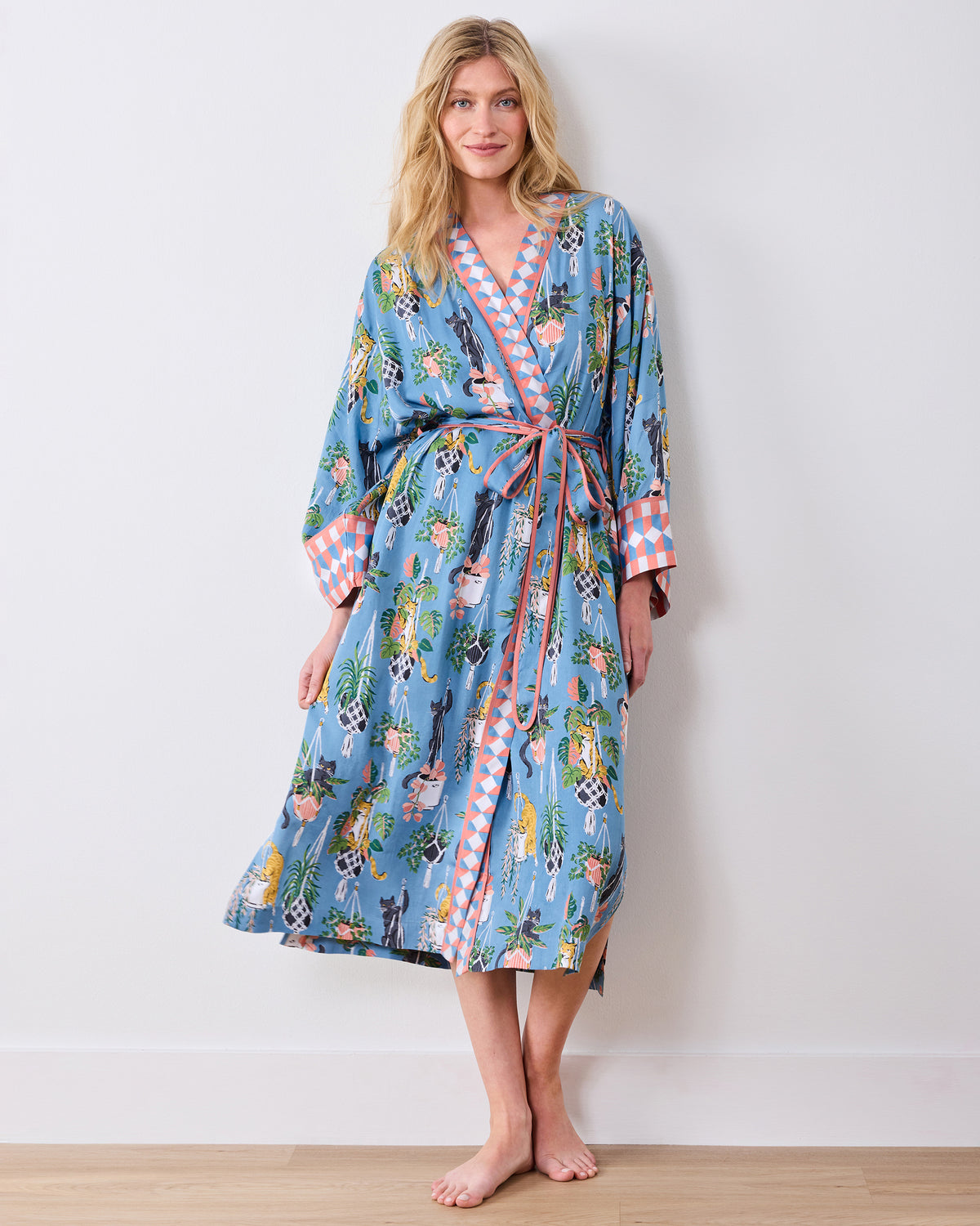 Full front view of the calf-length slate blue robe with tied belt and wide sleeves