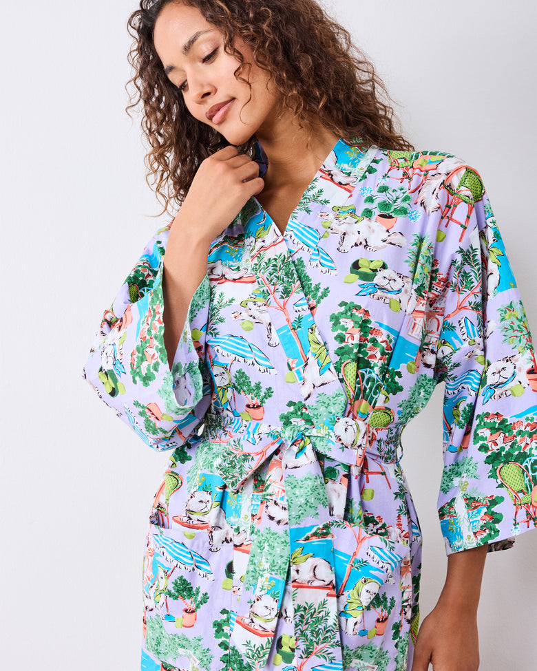 Mediterranean Meow - Long Robe - Lilac & Lime - Printfresh