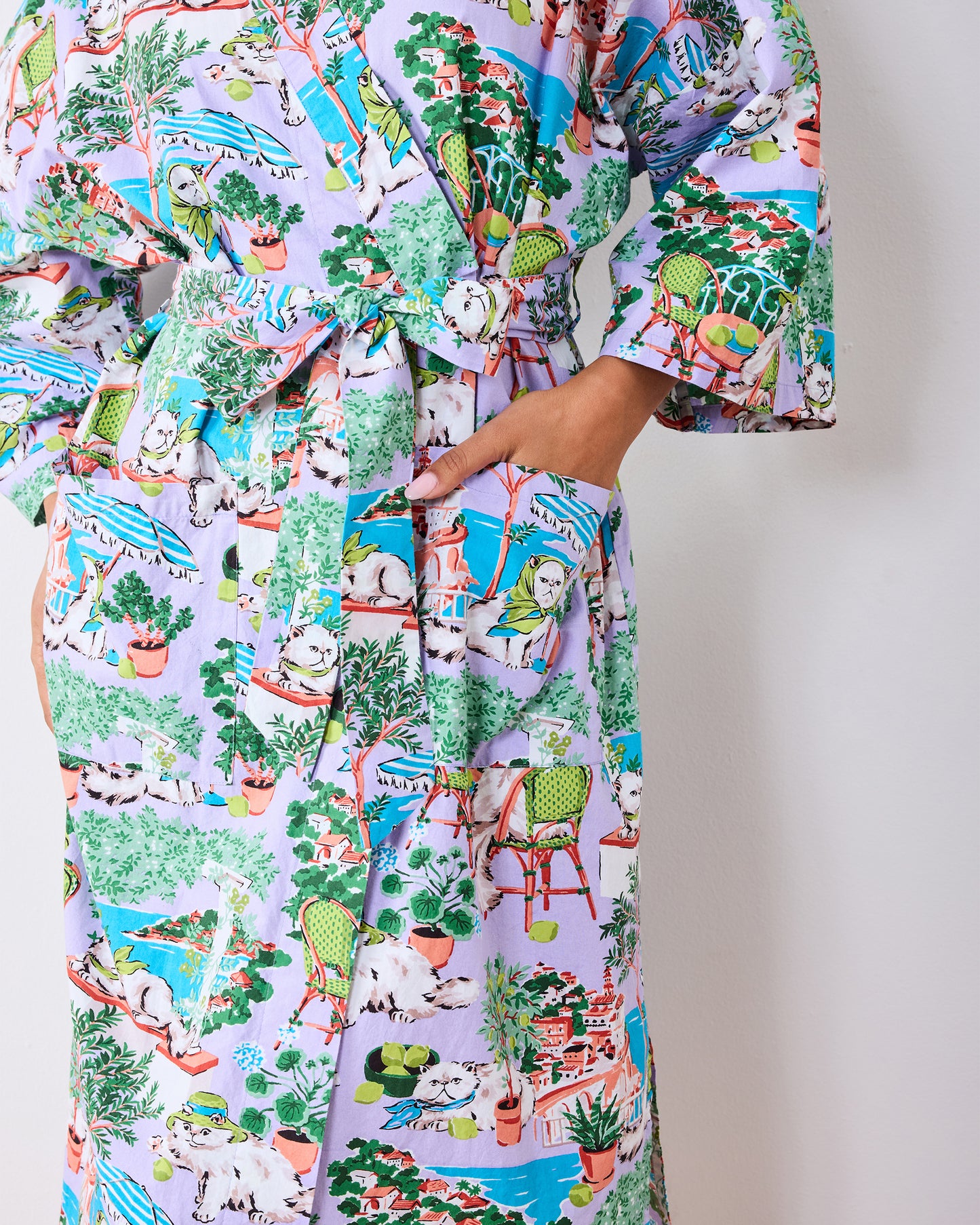 Mediterranean Meow - Long Robe - Lilac & Lime - Printfresh
