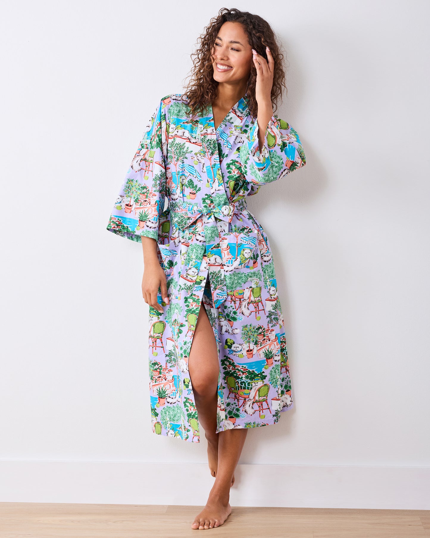 Mediterranean Meow - Long Robe - Lilac & Lime - Printfresh