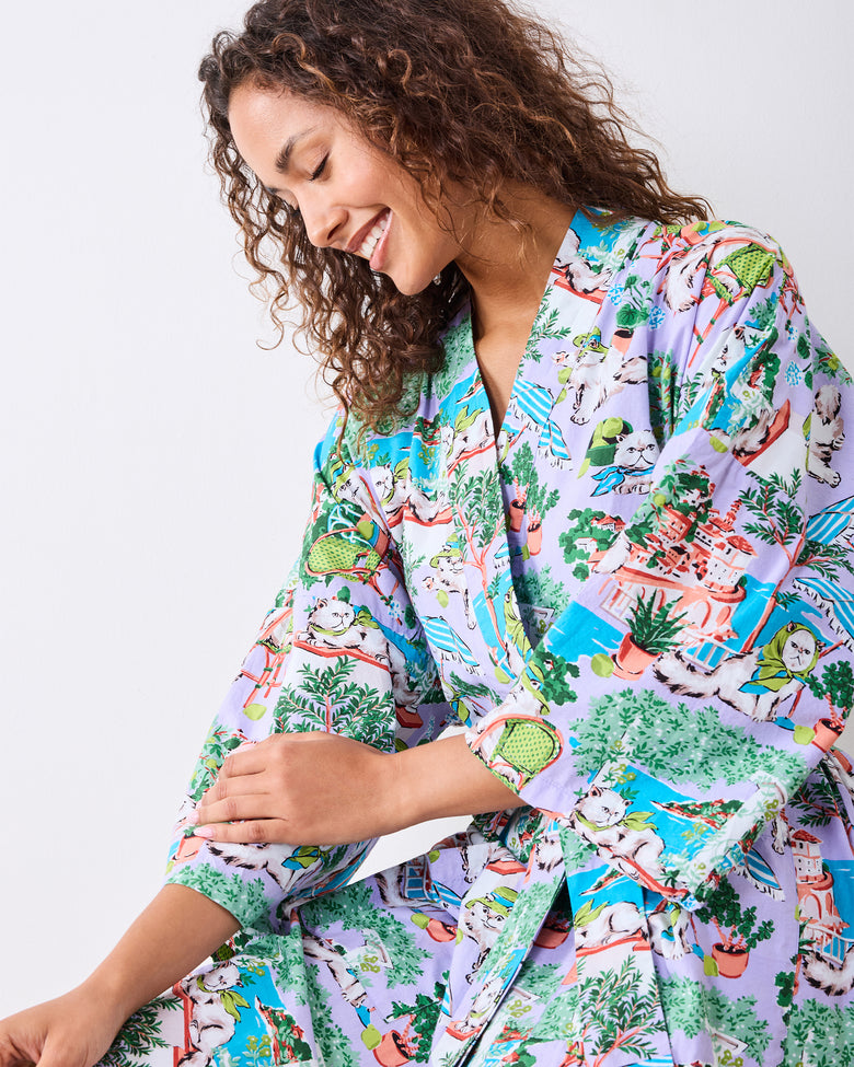 Mediterranean Meow - Long Robe - Lilac & Lime - Printfresh