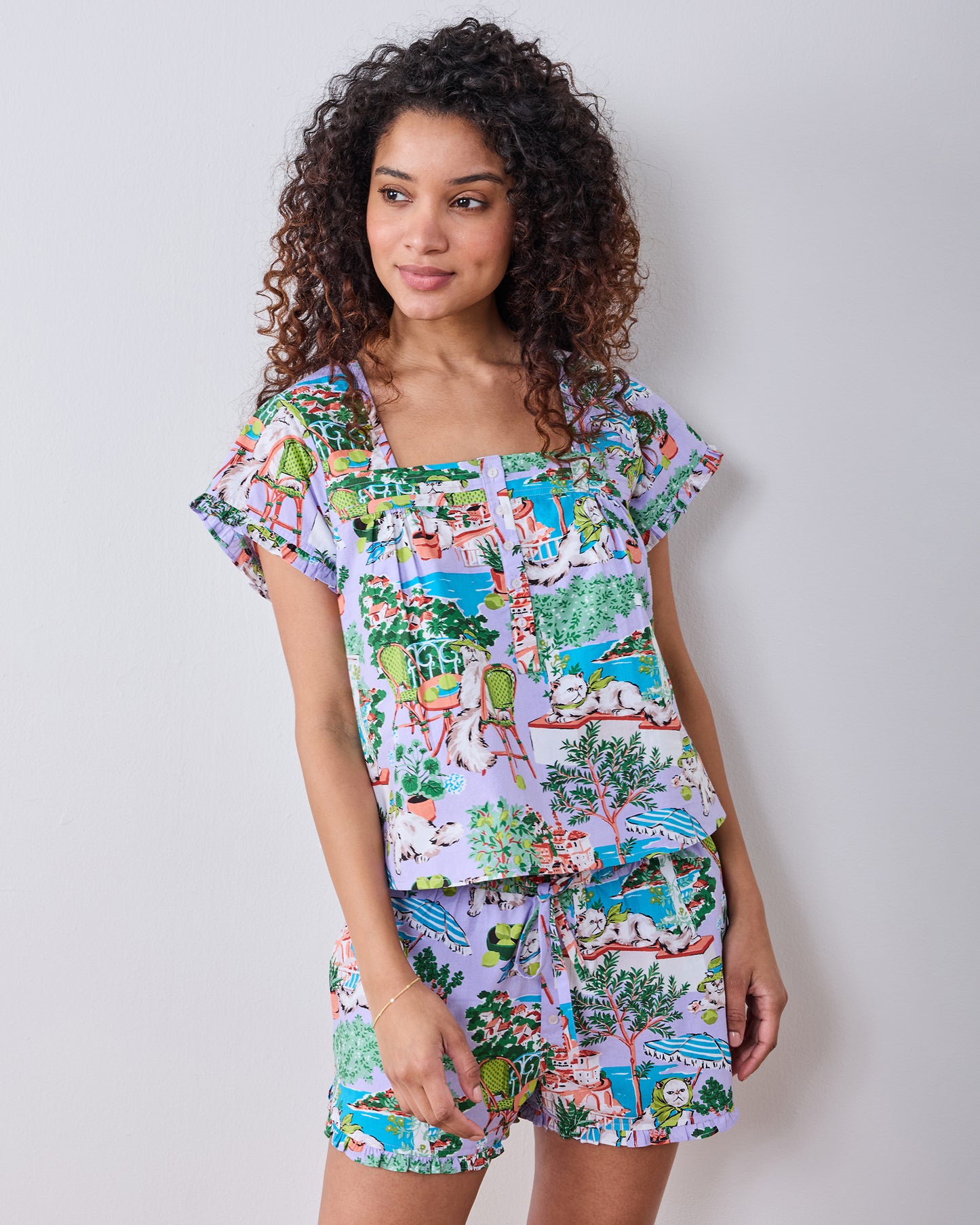 Mediterranean Meow - Pintuck Short Set - Lilac & Lime - Printfresh