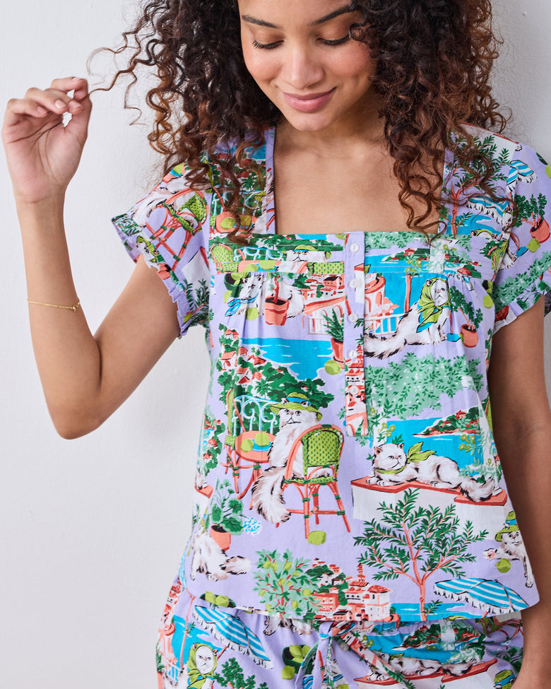 Mediterranean Meow - Pintuck Short Set - Lilac & Lime - Printfresh