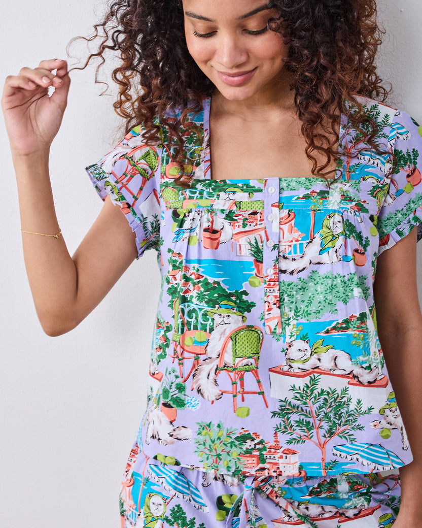 Mediterranean Meow - Pintuck Short Set - Lilac & Lime - Printfresh