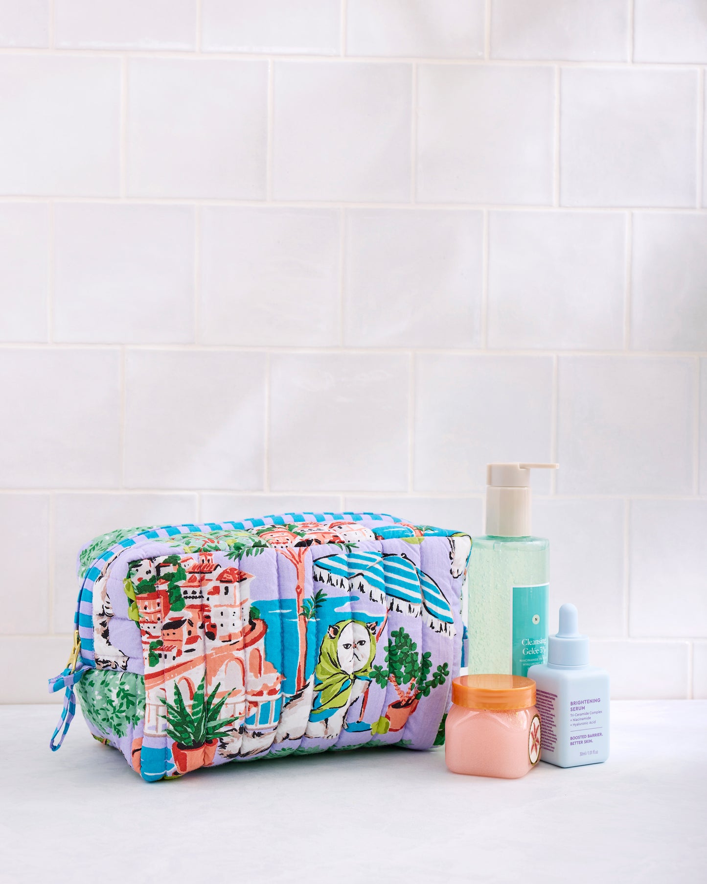 Mediterranean Meow - Quilted Pouch - Lilac & Lime - Printfresh