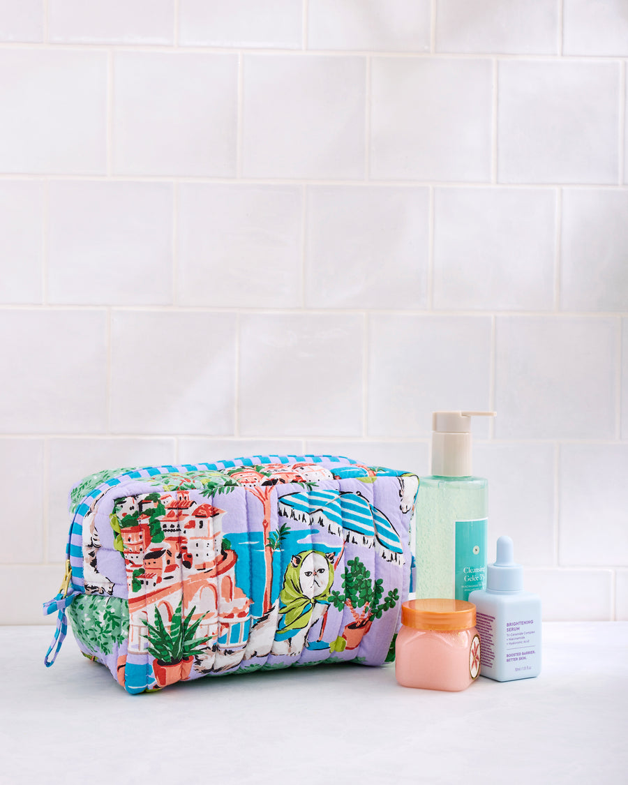 Mediterranean Meow - Quilted Pouch - Lilac & Lime - Printfresh