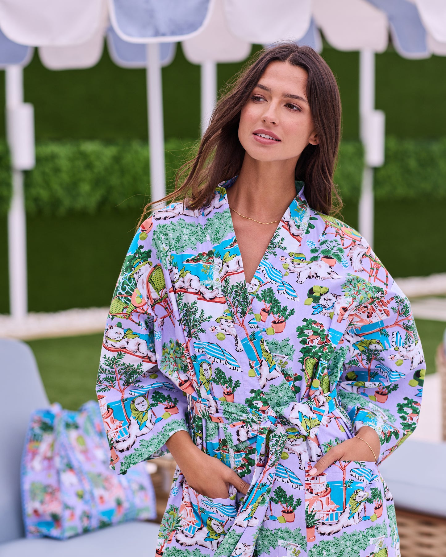 Mediterranean Meow - Long Robe - Lilac & Lime - Printfresh