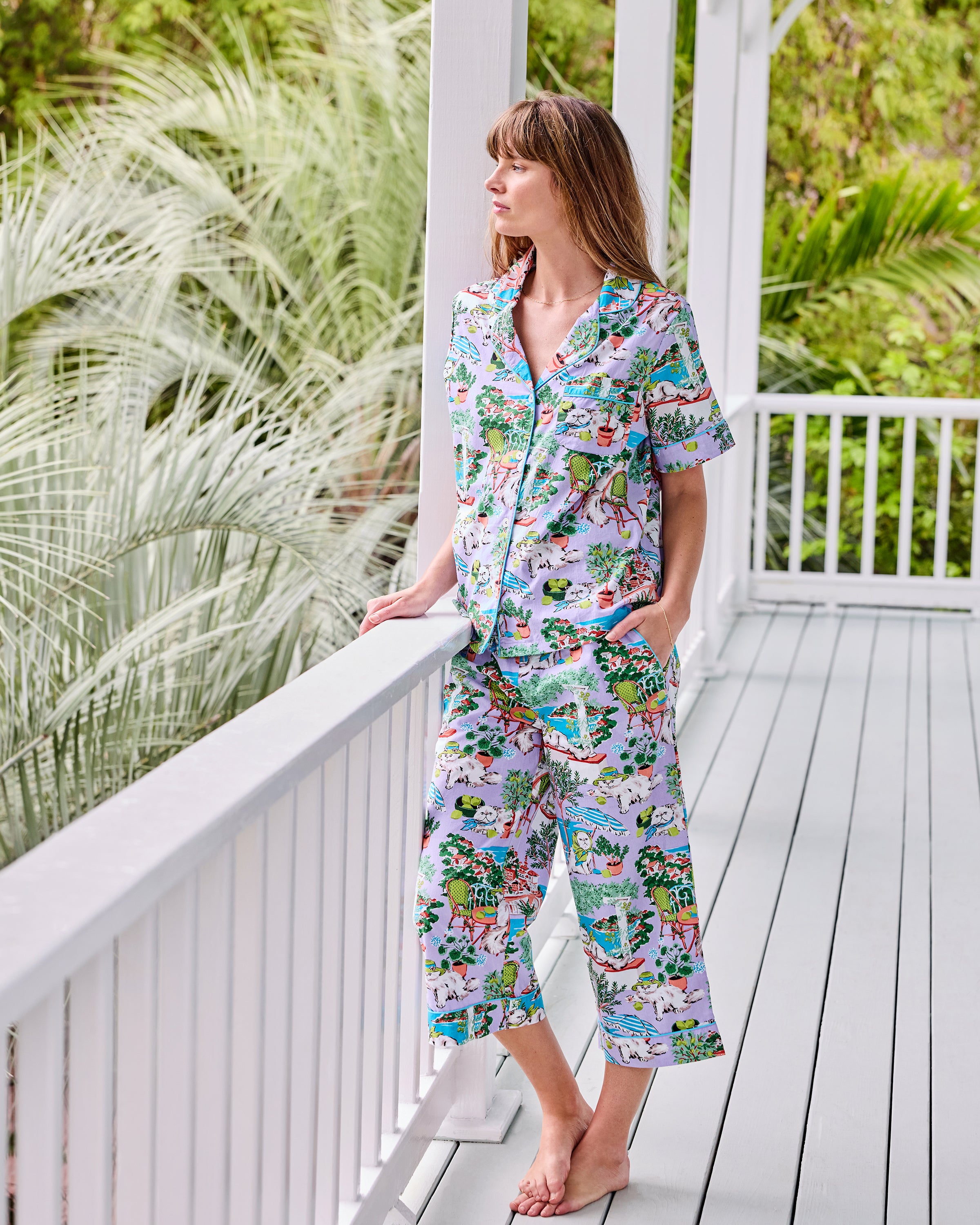 Mediterranean Meow - Short Sleeve Top & Cropped Pants Set - Lilac