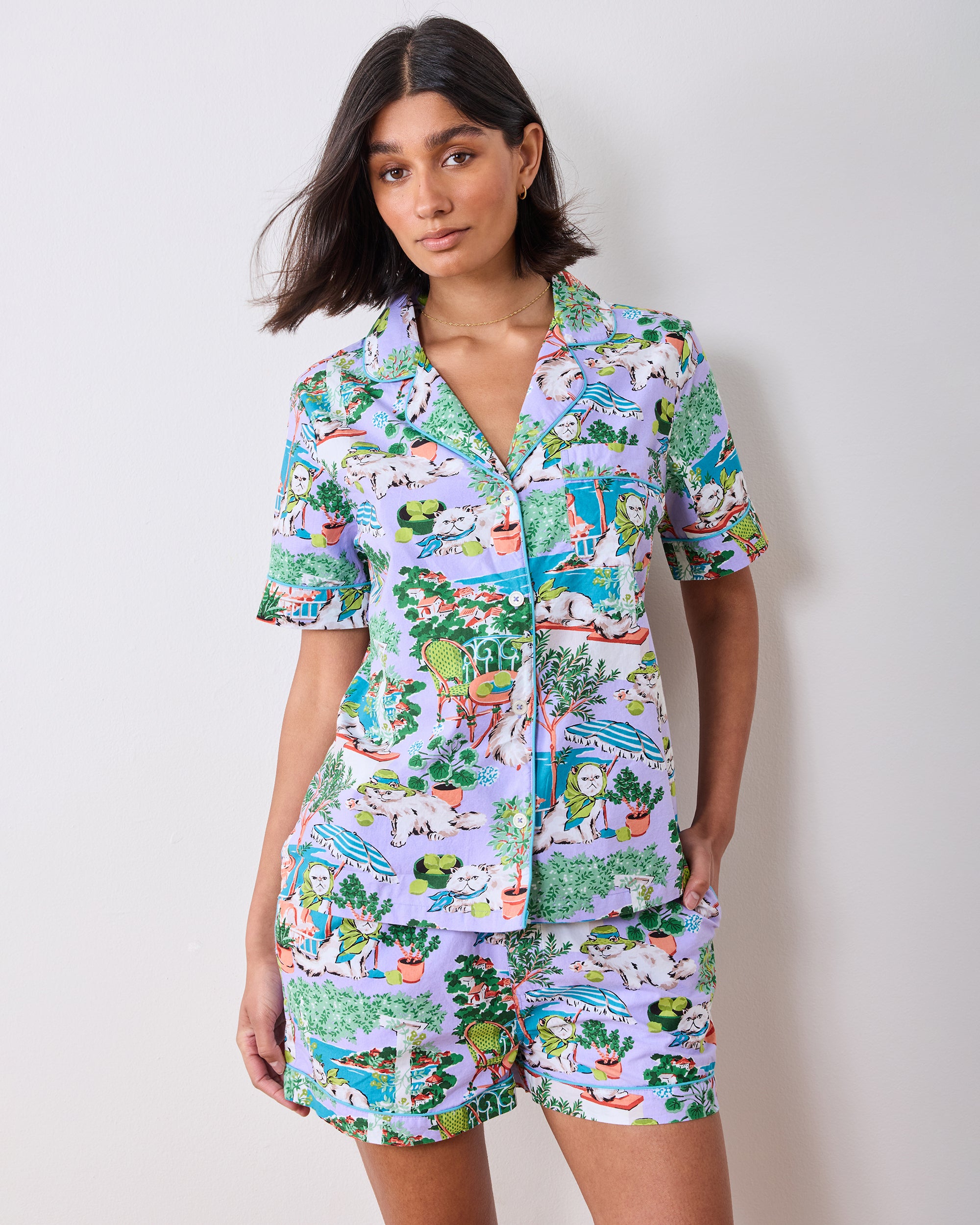 ドライルーム　PETMIGLIA Mediterranean Meow - Short PJ Set - Lilac & Lime – Printfresh