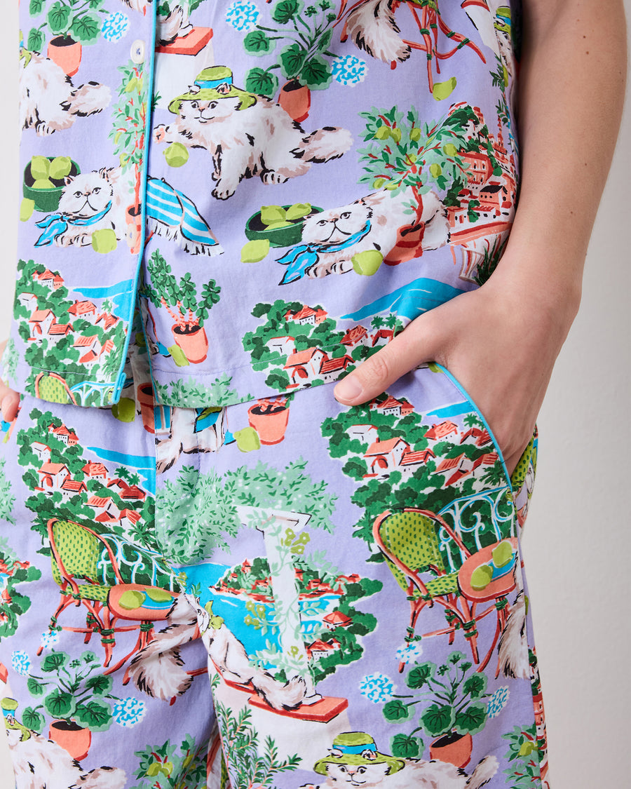 Mediterranean Meow - Short Sleeve Top & Cropped Pants Set - Lilac & Lime - Printfresh