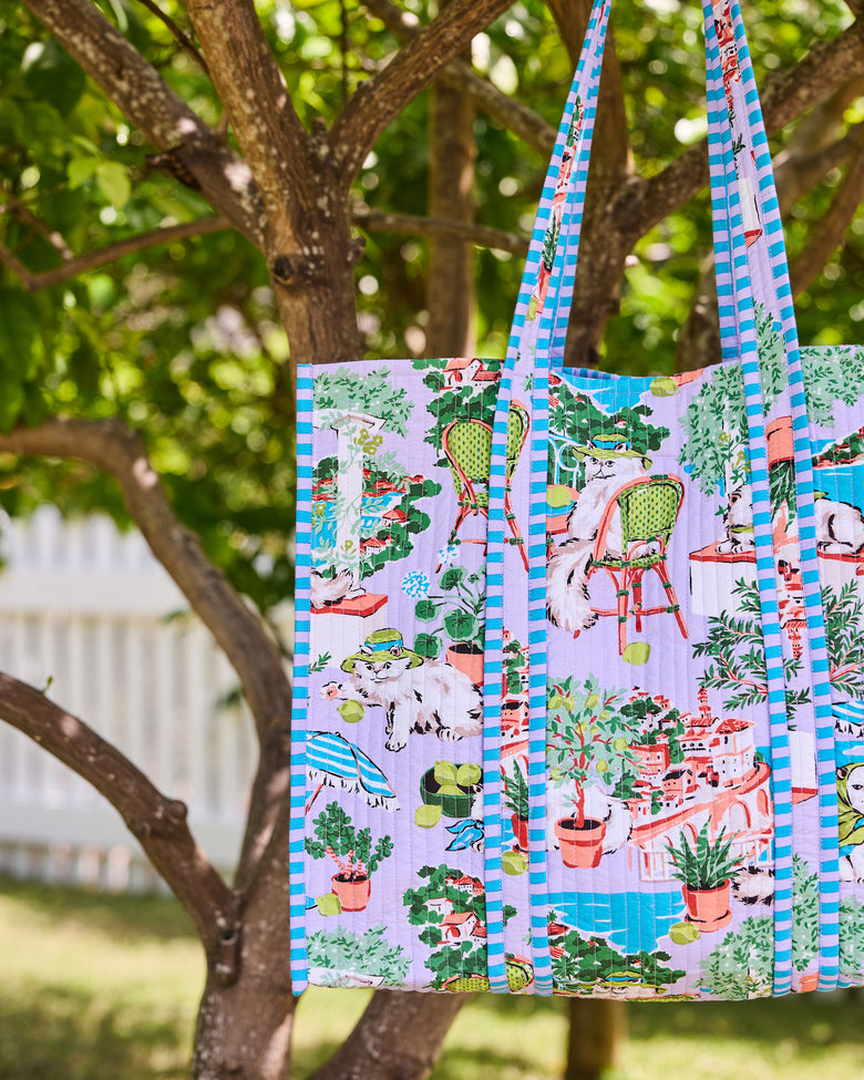 Mediterranean Meow - The Traveler Tote - Lilac & Lime - Printfresh