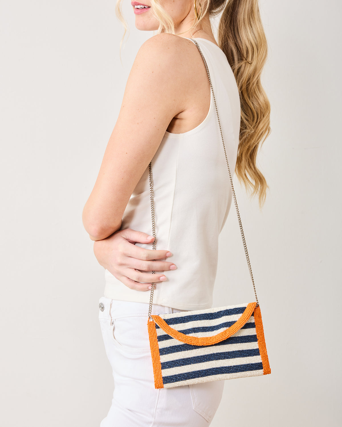 Navy - Striped Beaded Clutch - Tiana Designs - Printfresh
