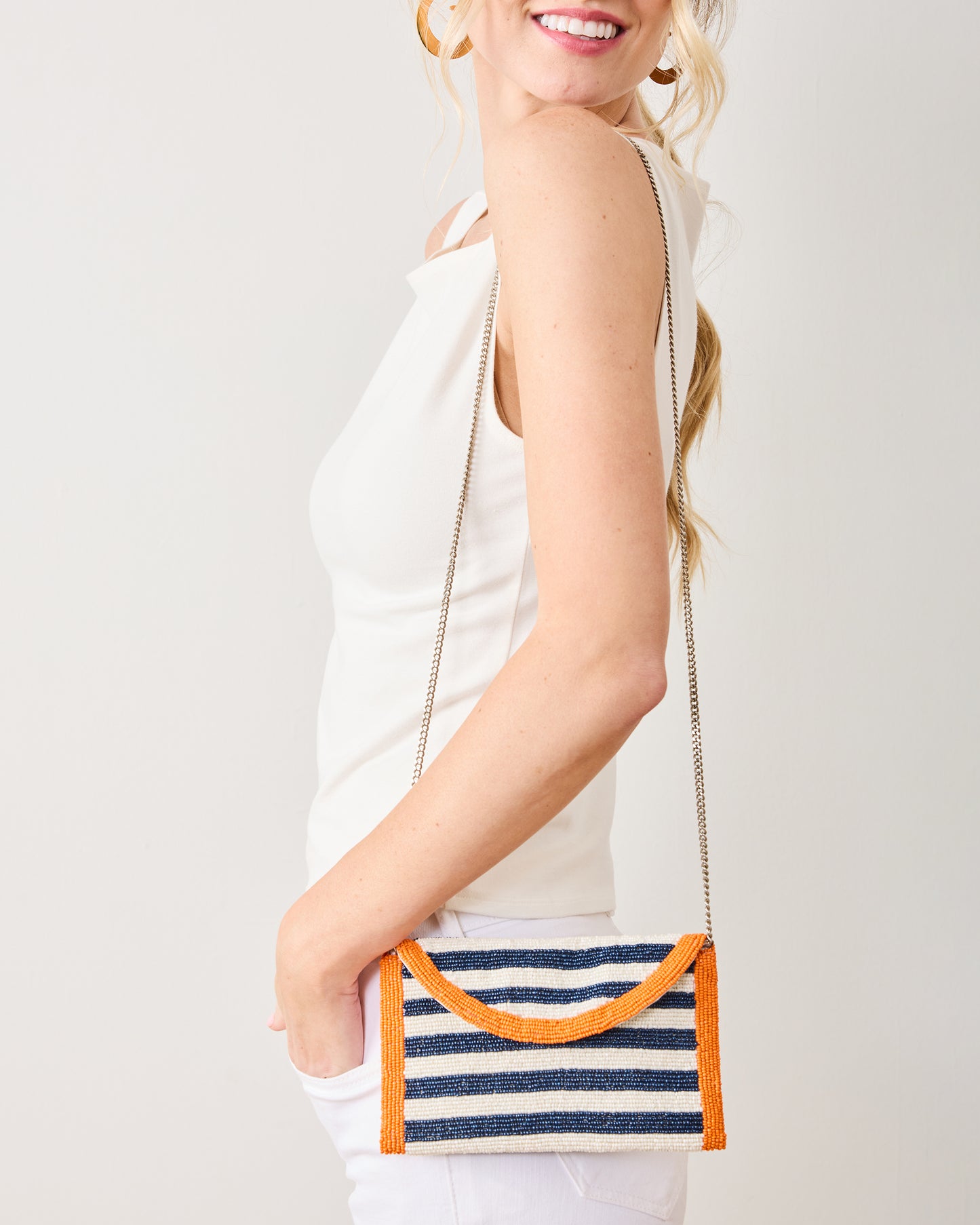 Navy - Striped Beaded Clutch - Tiana Designs - Printfresh
