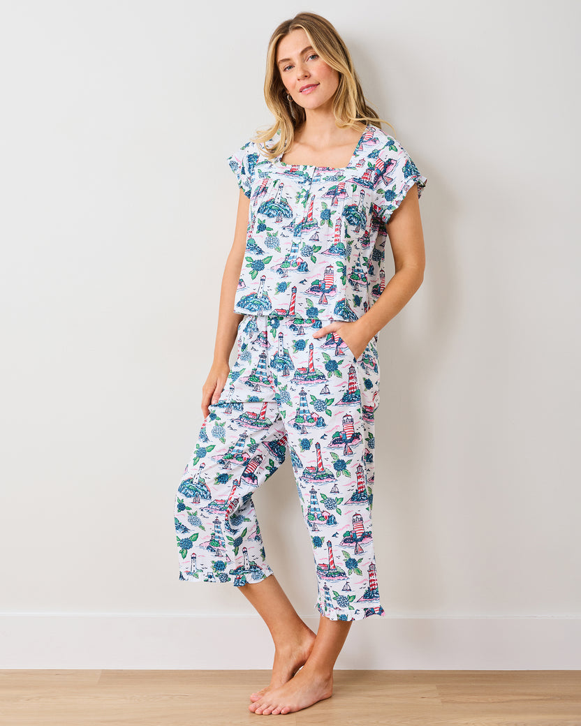 Lighthouse Keeper - Pintuck Cropped Pant Set - Cloud - Printfresh