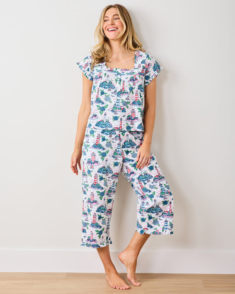 Lighthouse Keeper - Pintuck Cropped Pant Set - Cloud - Printfresh