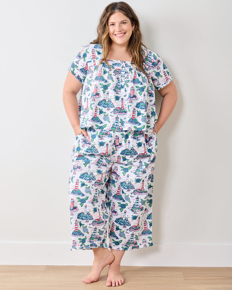 Lighthouse Keeper - Pintuck Cropped Pant Set - Cloud - Printfresh