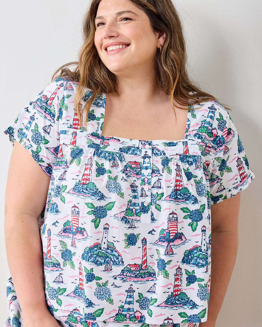 Lighthouse Keeper - Pintuck Cropped Pant Set - Cloud - Printfresh