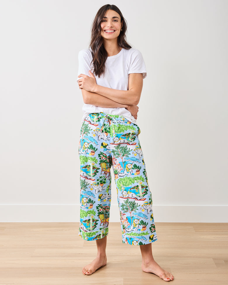 Mediterranean Meow - Cropped PJ Pants - Amalfi Blue - Printfresh