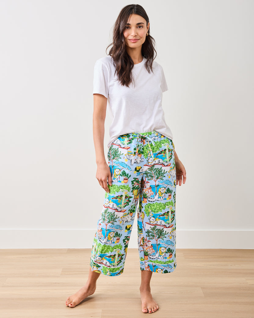 Mediterranean Meow - Cropped PJ Pants - Amalfi Blue - Printfresh